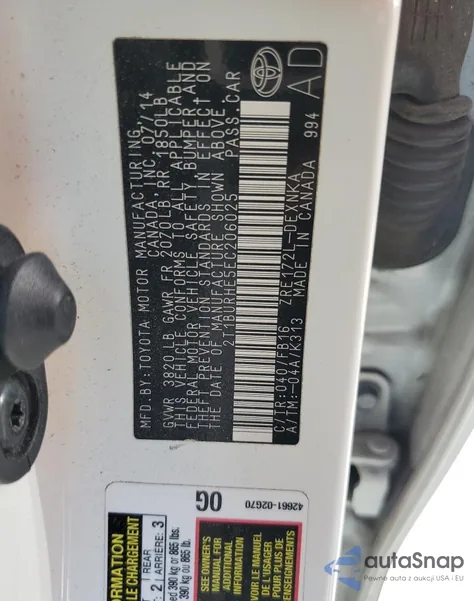 2014 Toyota Corolla L z USA, uszkodzony, nr VIN 2T1BURHE5EC206025